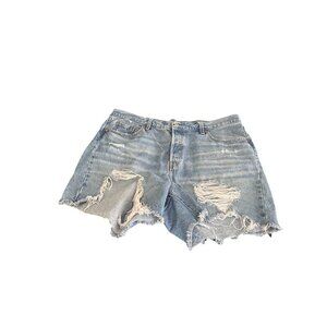 Levis 501 Denim Shorts Women 16W Blue Light Wash Button Fly Distressed 5" Inseam